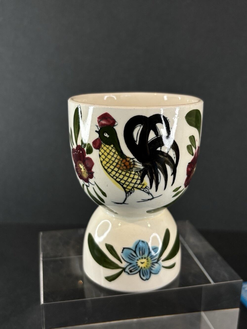 Vintage 1950s Japan Rooster Roses Double Egg Cup Hand Painted Ceramic 3 5/8"